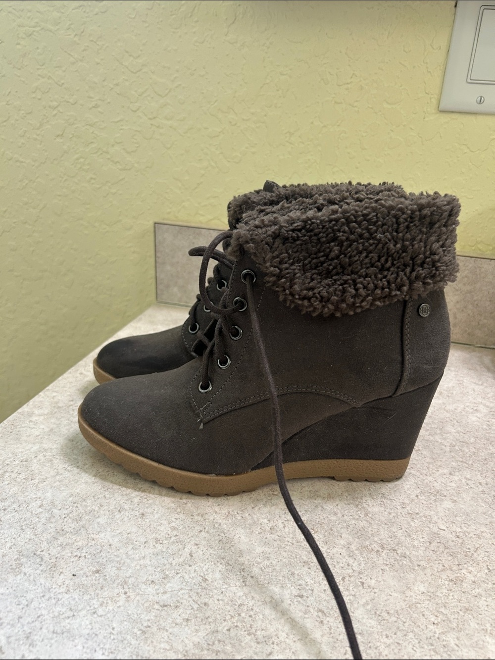 Dana Buchman Brown Wedge Ankle Boots with Sherpa Cuff